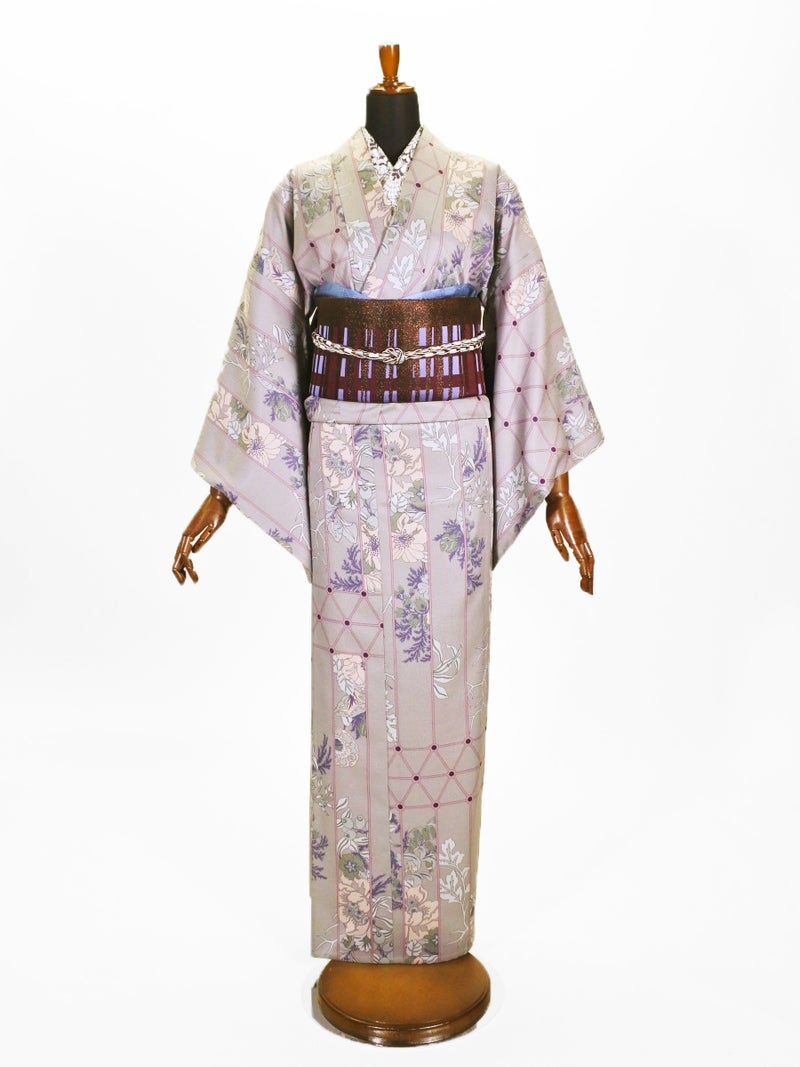 コンポジションキモノ単衣 CK26-03-03〇△□花覗き(グレー)F