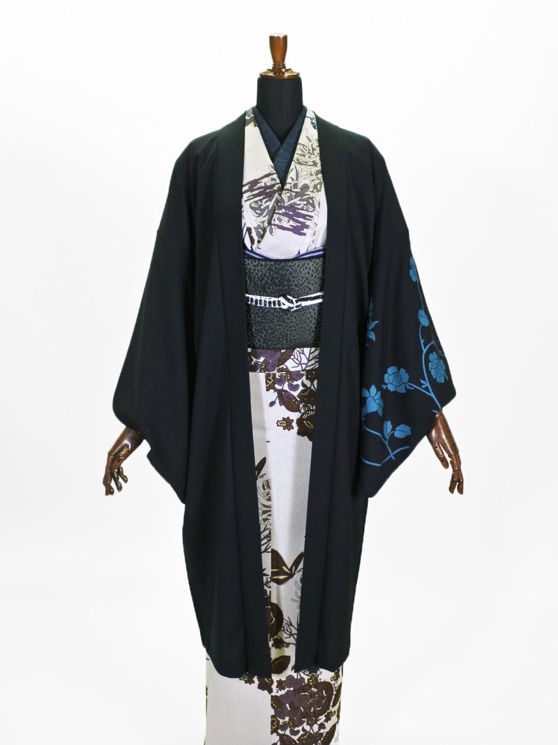 レディース ポリ羽織 ツル花A (BK)