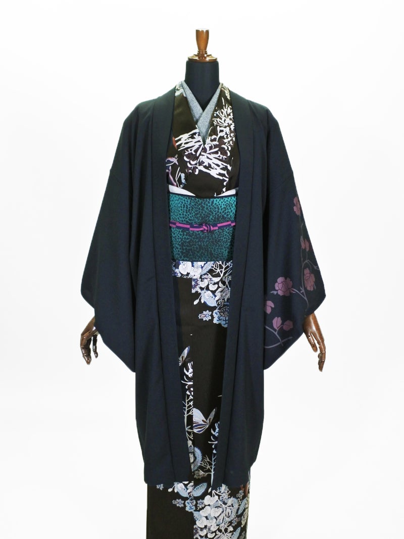 レディース ポリ羽織 ツル花B (BK)