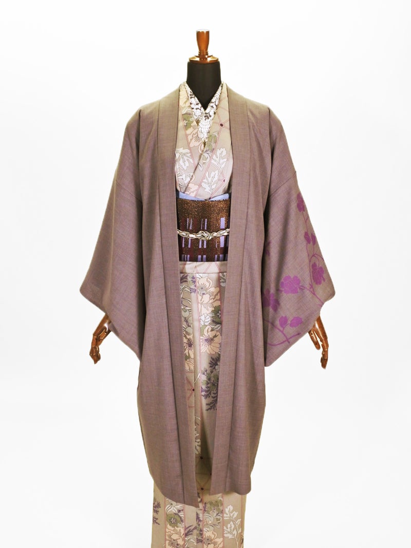 レディース ポリ羽織 ツル花A (チャコール)