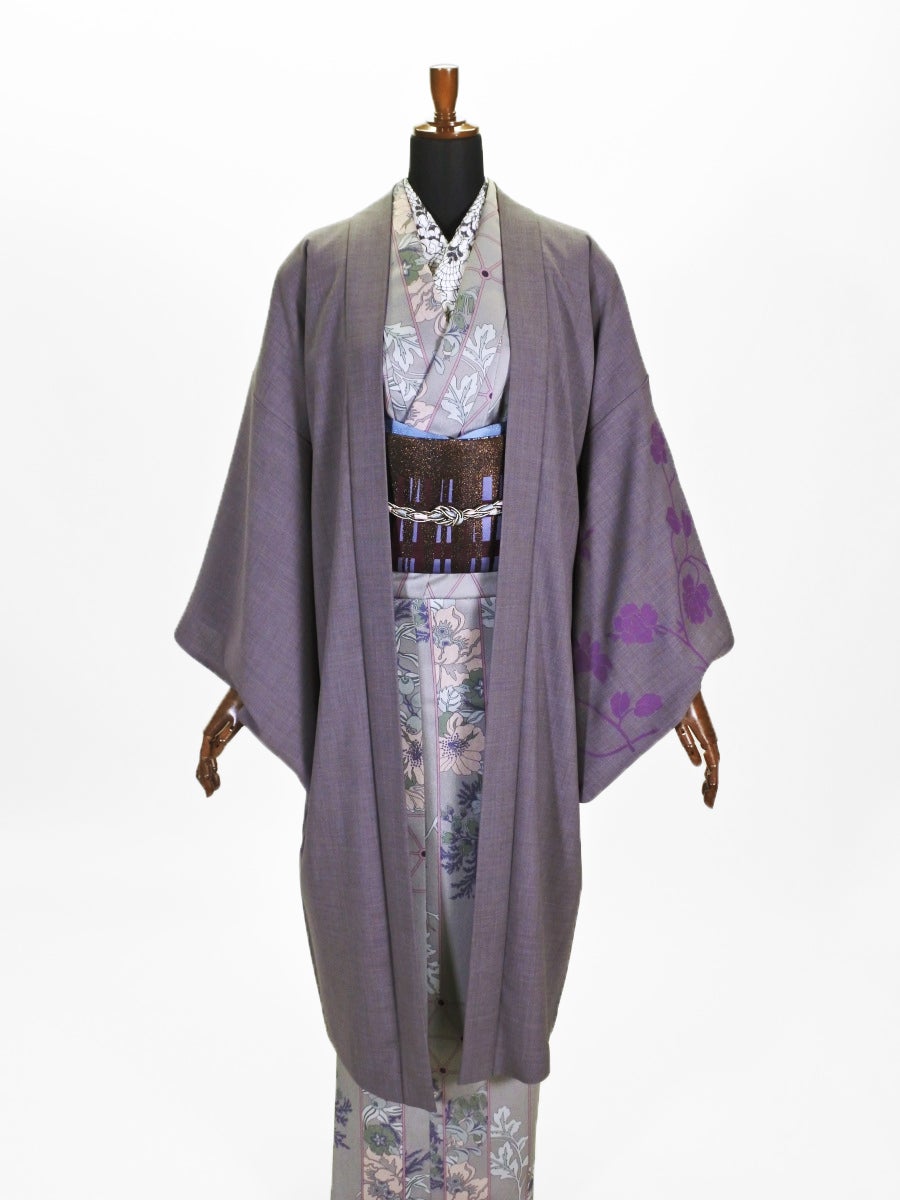 レディース ポリ羽織 ツル花A (チャコール)