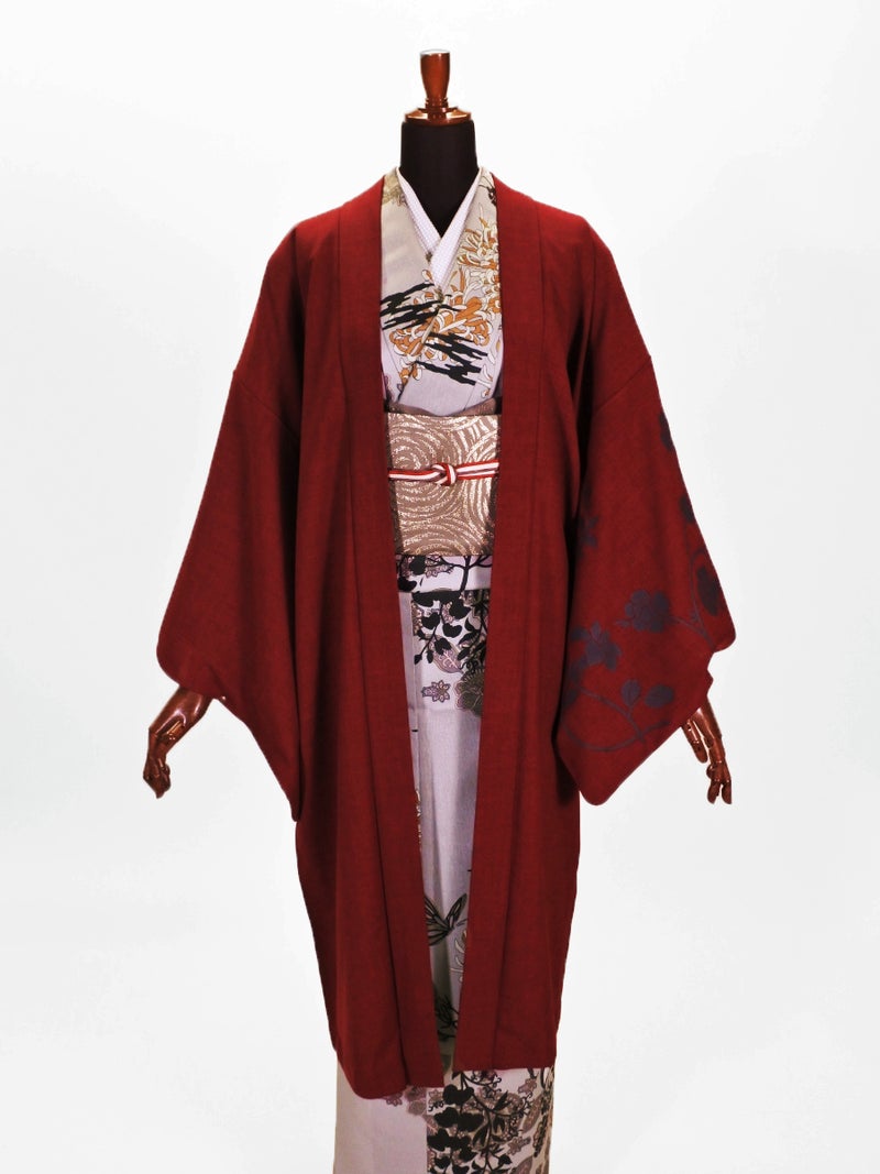  レディース ポリ羽織 ツル花 (エンジ)