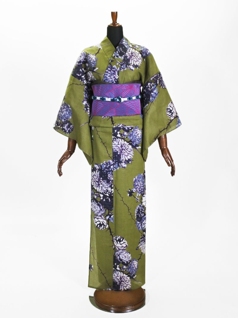浴衣･J26-05-03 棘に花 カーキ (プレタ)F