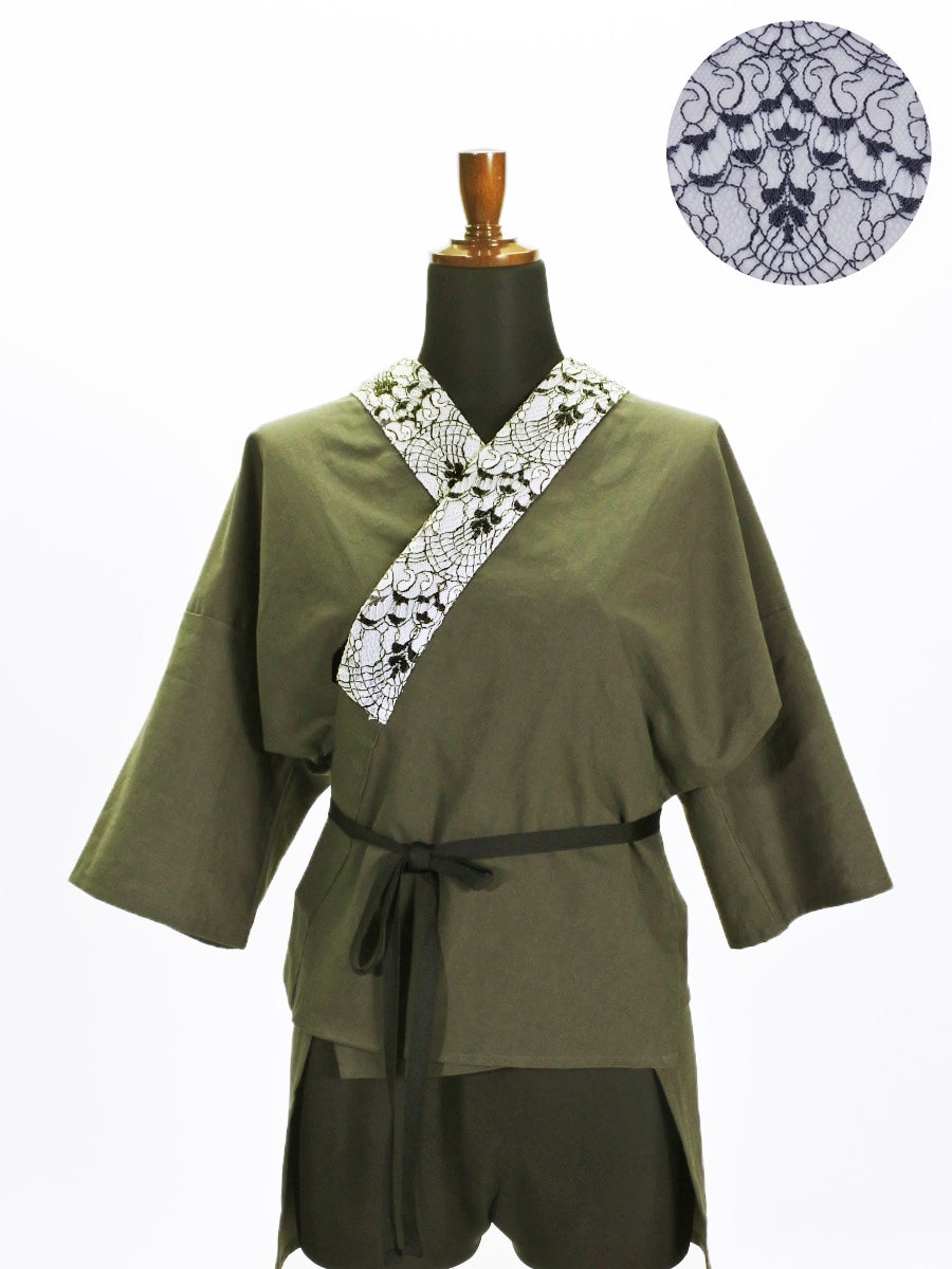  衿付半襦袢 カーキ アイラッシュレース (グレー×シロクロ)F