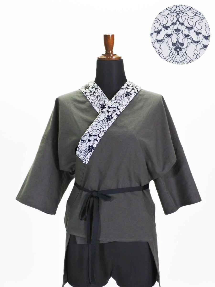  衿付半襦袢 カーキ アイラッシュレース (グレー×シロクロ)F